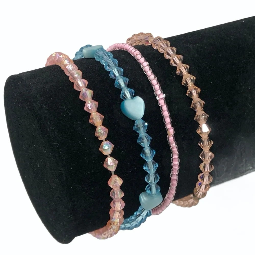 CRYSTAL STRETCH BRACELETS - PINK, PEACH, & BLUE - SET OF 4